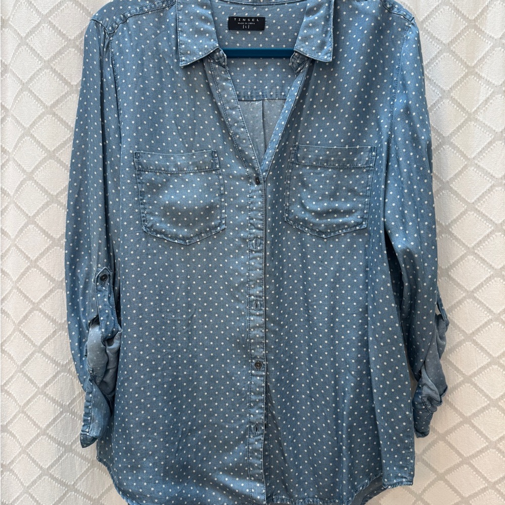 Tinsel Chambray Polka Dot Button-Up Shirt